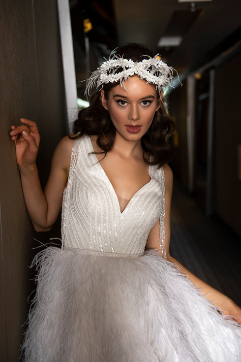 MINI DRESS WITH FEATHERED SKIRT AND BEAD FRINGED FROM SHOULDER - Barrus London